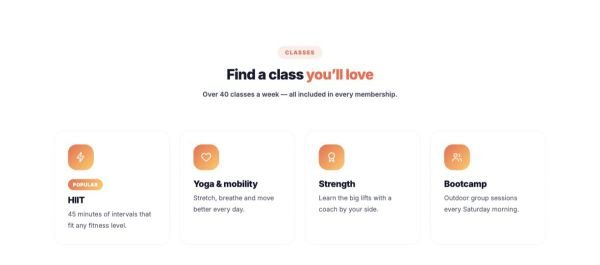 Services 08 section — Gym classes · icon cards