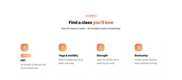 Services 08 section — Gym classes · icon cards