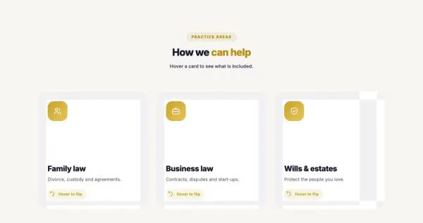 Services 10 section — Practice areas · flip cards