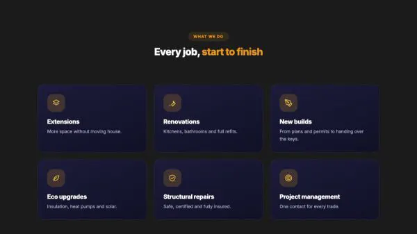 Services 11 section — Construction services · dark cards