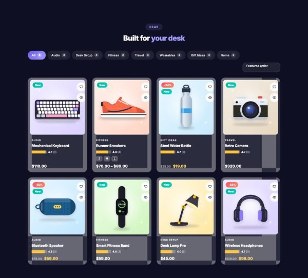 Shop 04 section — Dark product grid · glass cards