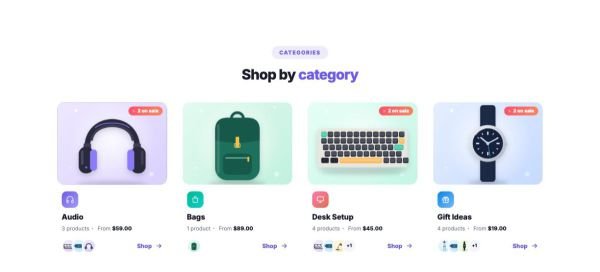 Shop 05 section — Shop by category · cards