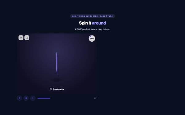 Shop 17 section — 360° Product Viewer · Dark stage