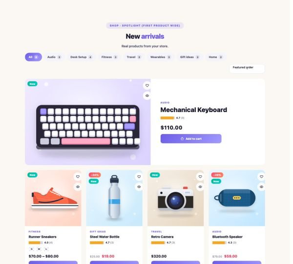 Shop 22 section — Product Grid · Spotlight (first product wide)