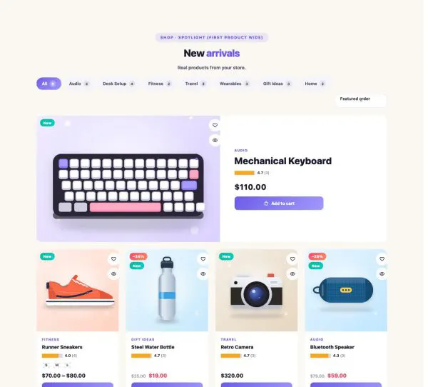 Shop 22 section — Product Grid · Spotlight (first product wide)