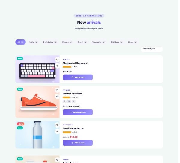 Shop 23 section — Product Grid · List (image left)