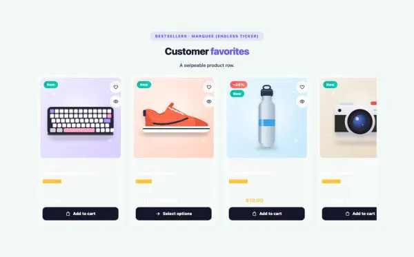 Shop 28 section — Product Carousel · Marquee (endless ticker)