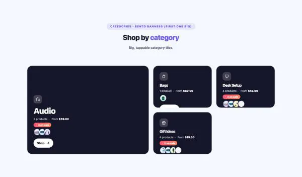 Shop 29 section — Product Category Grid · Bento banners (first one big)