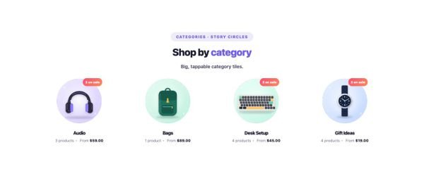 Shop 30 section — Product Category Grid · Story circles