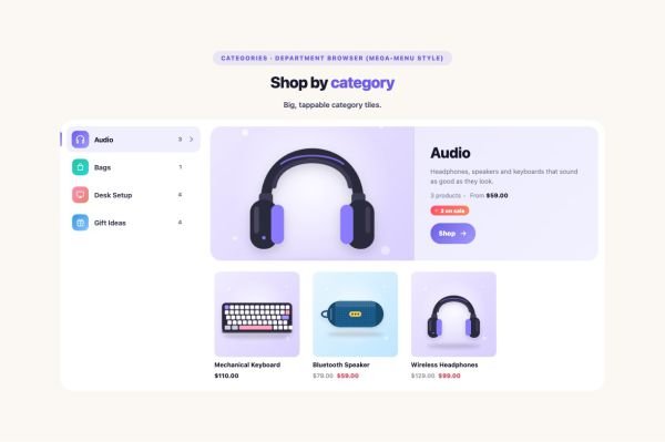 Shop 32 section — Product Category Grid · Department browser (mega-menu style)