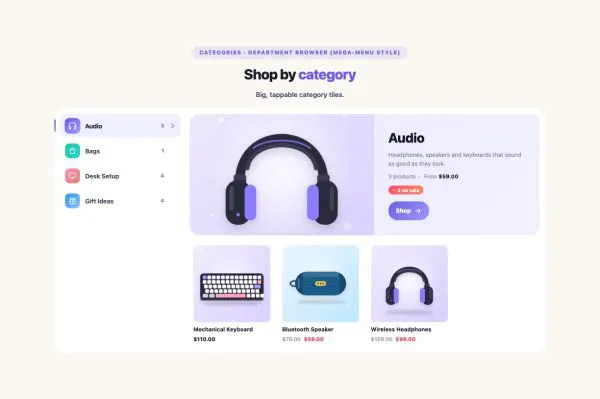 Shop 32 section — Product Category Grid · Department browser (mega-menu style)