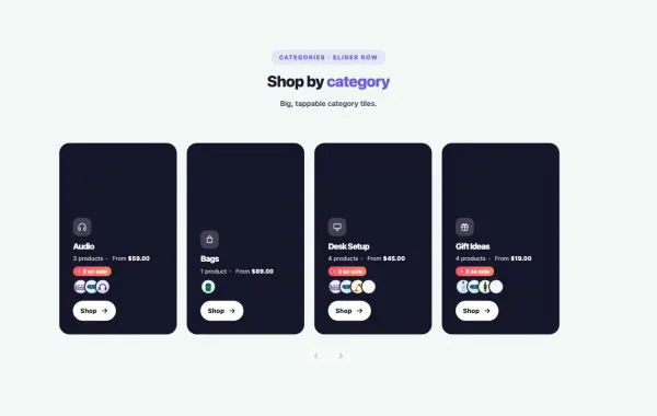 Shop 33 section — Product Category Grid · Slider row