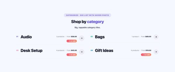 Shop 34 section — Product Category Grid · Big list with hover photo