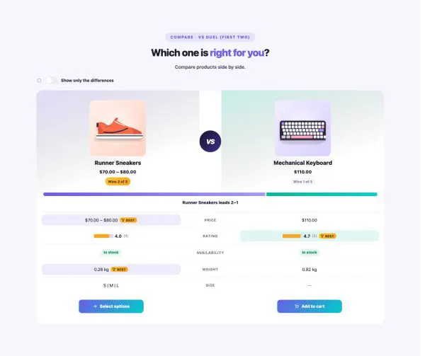 Shop 36 section — Product Comparison · VS duel (first two)