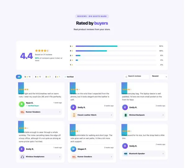 Shop 41 section — Product Rating & Reviews · Big quote mark