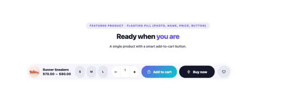 Shop 45 section — Add to Cart Button · Floating pill (photo, name, price, button)