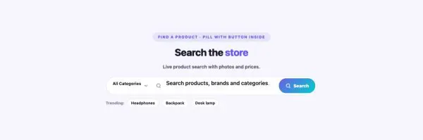 Shop 46 section — WooCommerce Search · Pill with button inside