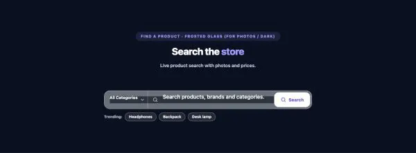 Shop 49 section — WooCommerce Search · Frosted glass (for photos / dark)