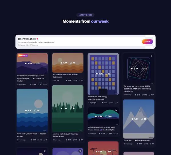 Social 02 section — Social feed · masonry dark