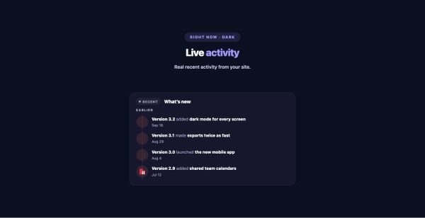 Social 12 section — Recent Activity Feed · Dark