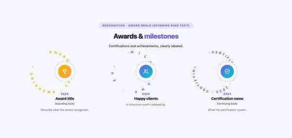 Stats 17 section — Achievements Grid · Award seals (spinning ring text)
