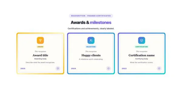 Stats 18 section — Achievements Grid · Framed certificates