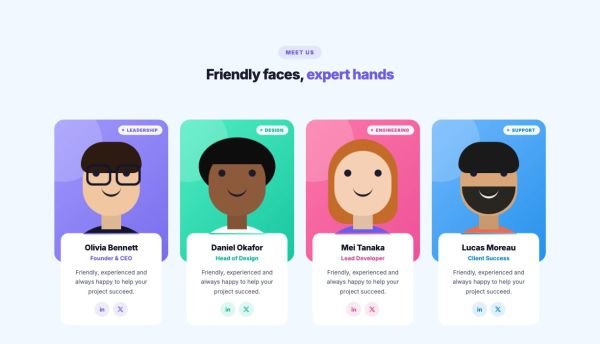 Team 02 section — Team cards · rounded photos on tint