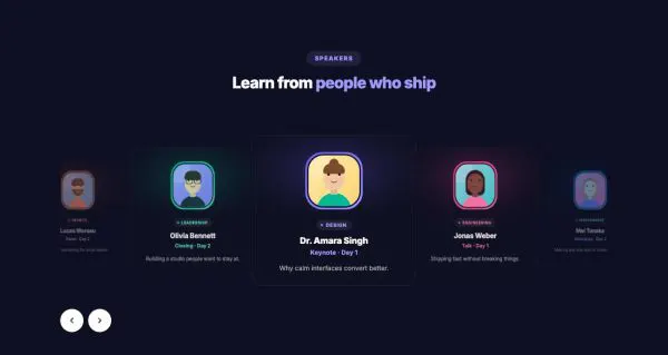 Team 12 section — Speakers · coverflow