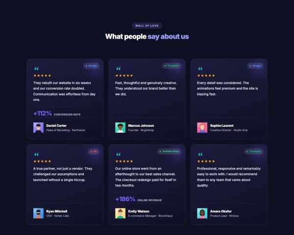Testimonials 02 section — Masonry wall · dark