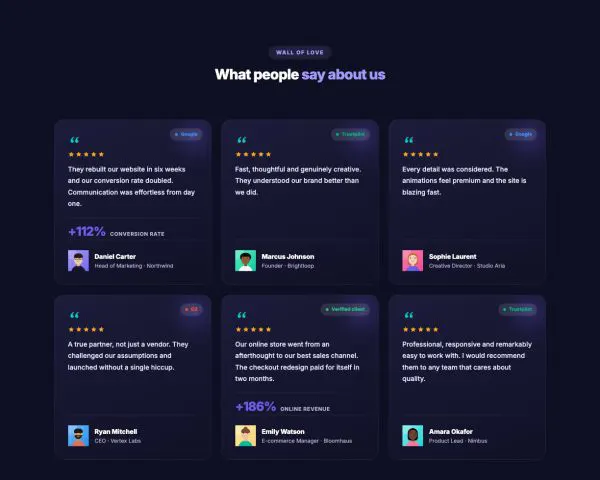 Testimonials 02 section — Masonry wall · dark