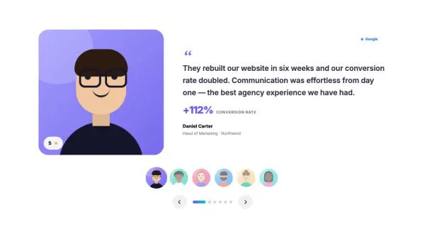 Testimonials 04 section — Split slider with photo