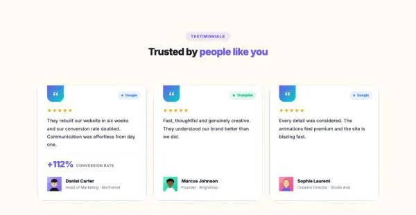 Testimonials 06 section — Big quote cards