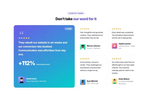 Testimonials 07 section — Featured review + grid