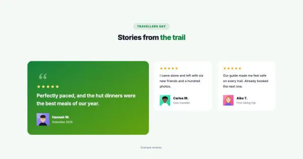 Testimonials 10 section — Traveler stories · cards