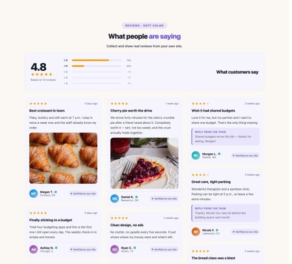 Testimonials 17 section — Reviews Wall · Soft color