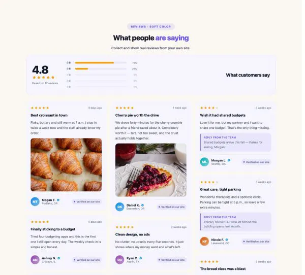 Testimonials 17 section — Reviews Wall · Soft color