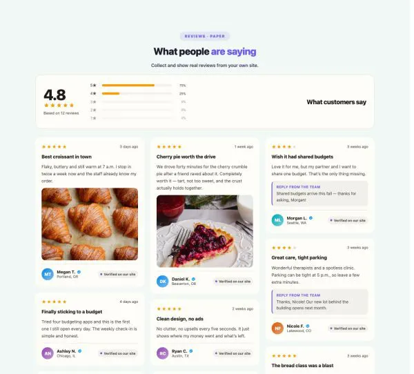 Testimonials 18 section — Reviews Wall · Paper