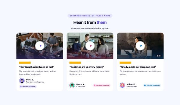 Testimonials 19 section — Testimonial Grid with Video · 01 · Clean White