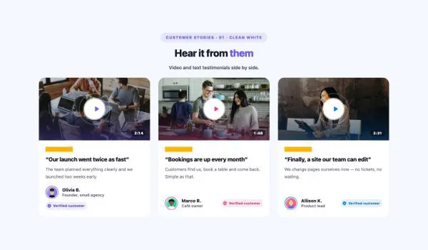 Testimonials 19 section — Testimonial Grid with Video · 01 · Clean White