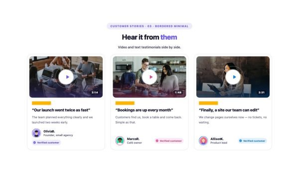 Testimonials 20 section — Testimonial Grid with Video · 03 · Bordered Minimal