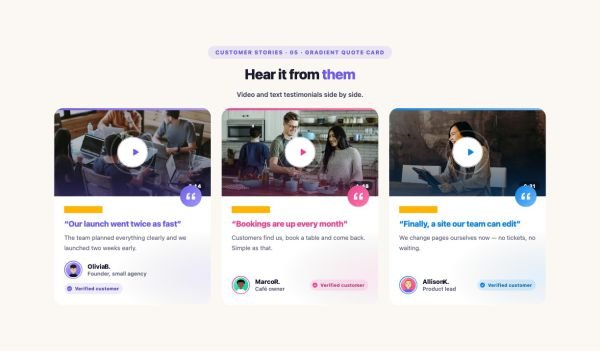 Testimonials 22 section — Testimonial Grid with Video · 05 · Gradient Quote Card