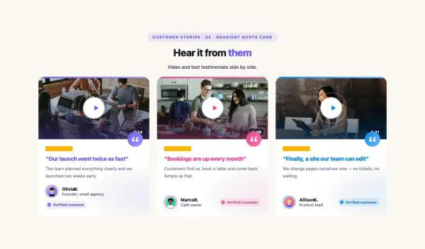 Testimonials 22 section — Testimonial Grid with Video · 05 · Gradient Quote Card