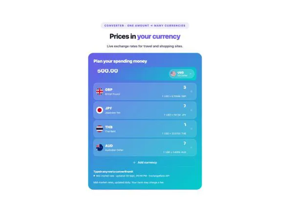 Tools 18 section — Currency Converter · One amount → many currencies