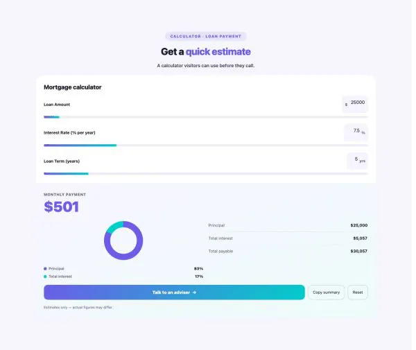 Tools 19 section — Calculator Builder · Loan payment