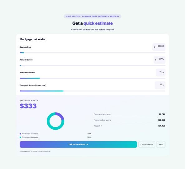 Tools 21 section — Calculator Builder · Savings goal (monthly needed)