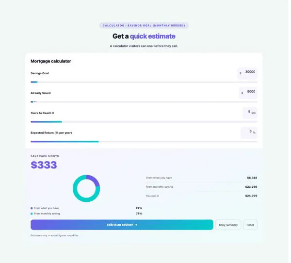 Tools 21 section — Calculator Builder · Savings goal (monthly needed)