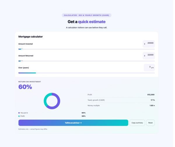 Tools 22 section — Calculator Builder · ROI & yearly growth (CAGR)