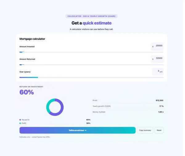 Tools 22 section — Calculator Builder · ROI & yearly growth (CAGR)