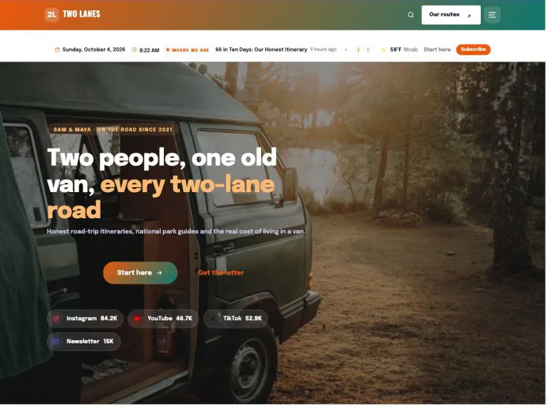 Two Lanes — Road Trip & Van Life Blog demo website
